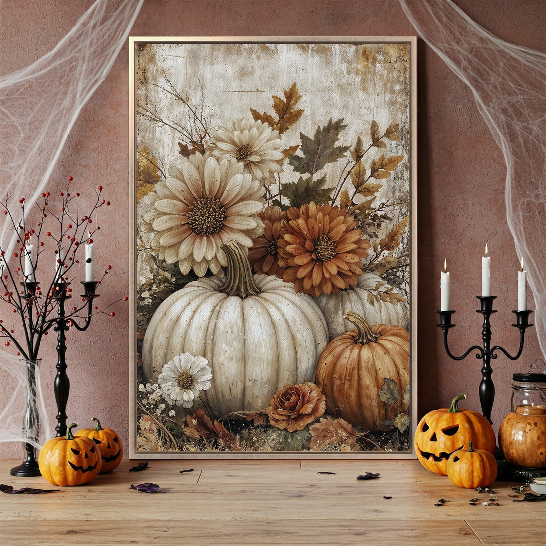 Framed Wall Art featuring pumpkins & flowers in a vintage style, with a warm, autumnal color palette. Perfect for fall decor!