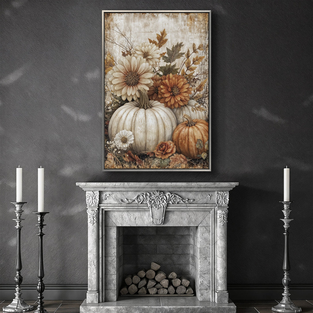 Framed Wall Art featuring pumpkins and flowers in a vintage style. Warm, autumnal color palette. Perfect for fall decor.