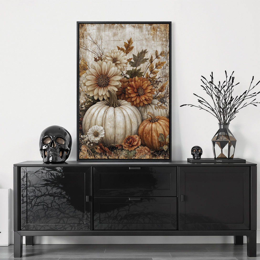 Framed Wall Art featuring a fall floral and pumpkin arrangement. Rustic style with warm, earthy tones. Perfect autumn decor.