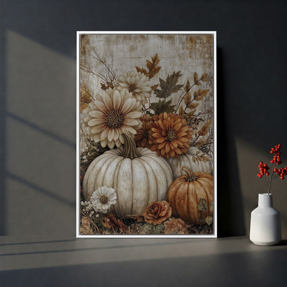 Framed Wall Art featuring a rustic still life with pumpkins and flowers in warm autumn tones. Perfect fall decor for your home!