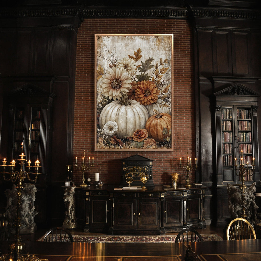 Framed Wall Art featuring a fall floral and pumpkin still life. Warm, neutral color palette in a classic, rustic style. Perfect for autumn decor!