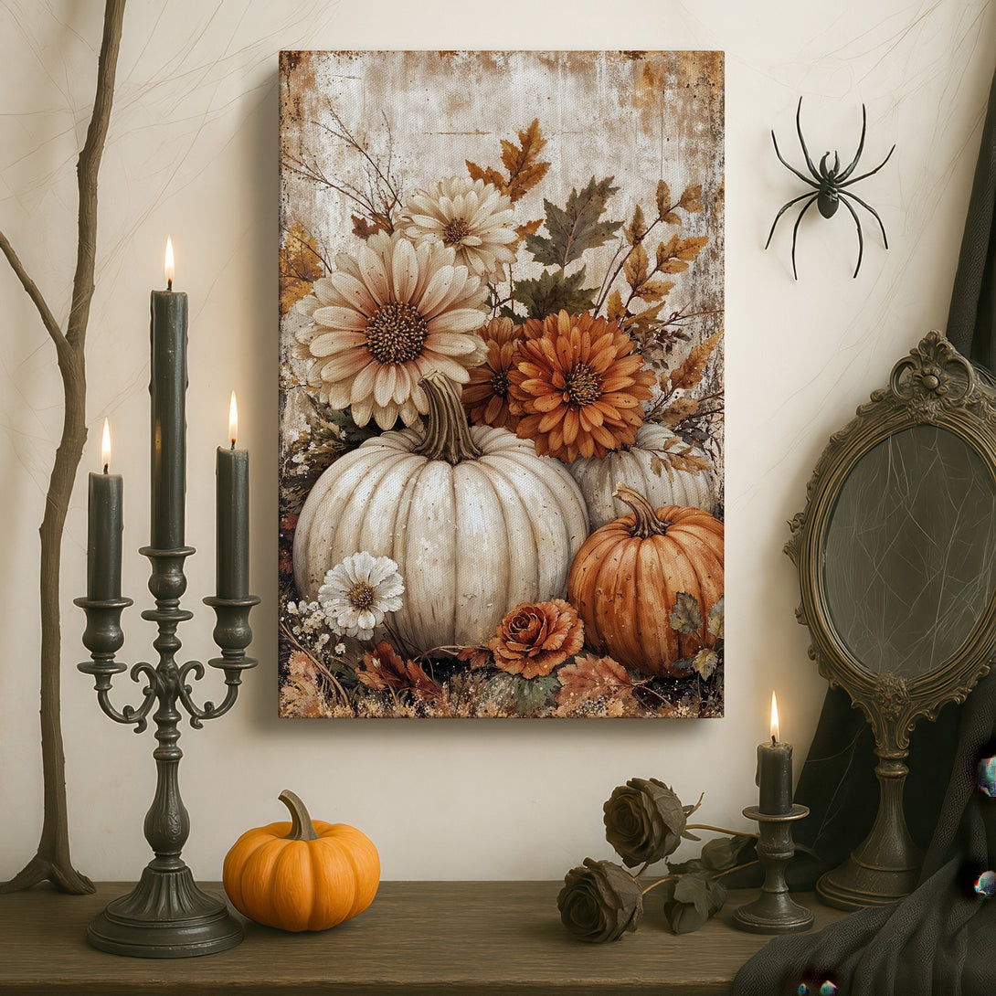 Framed Wall Art featuring pumpkins and flowers in warm, autumnal tones. Rustic style canvas print adds cozy elegance to any interior.