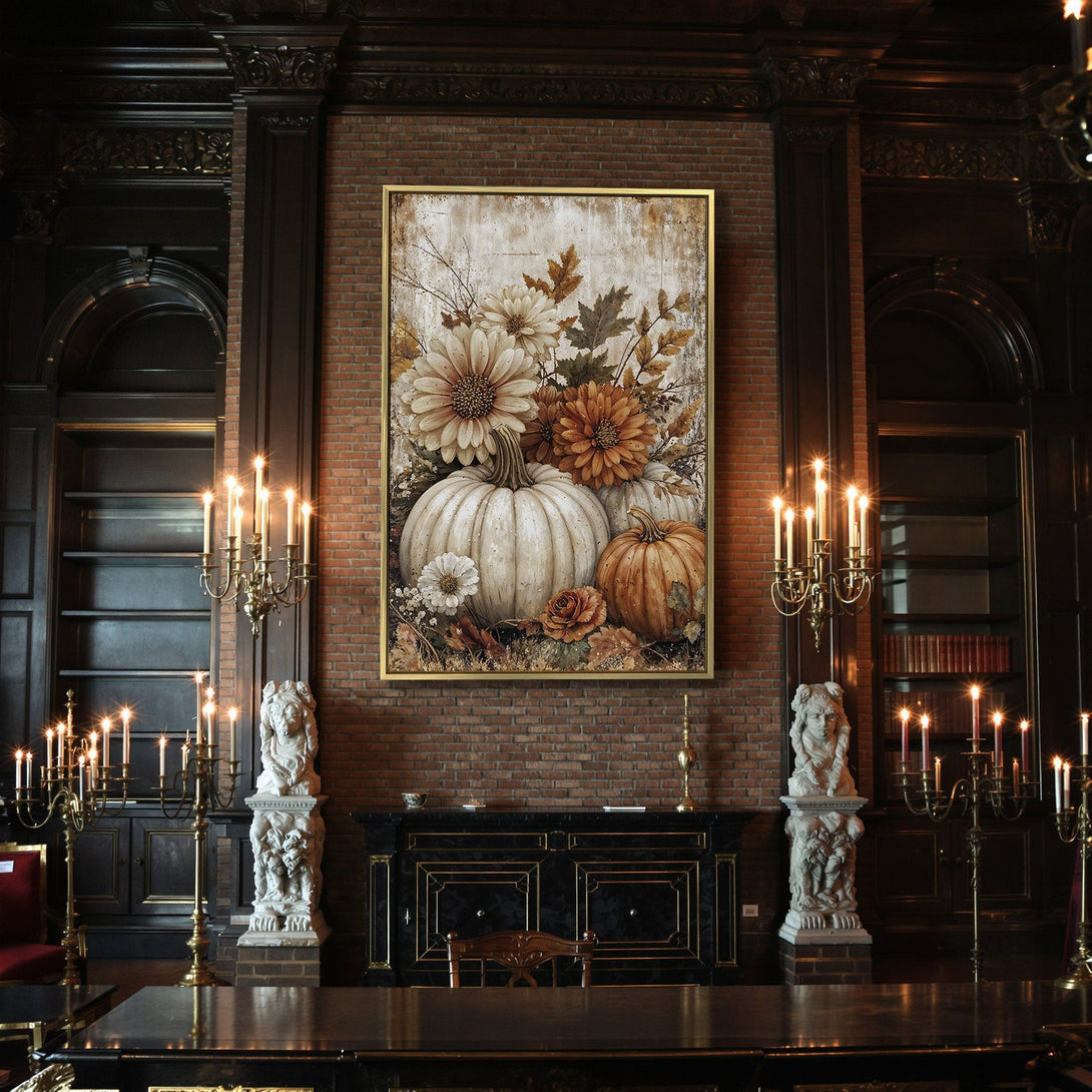 Canvas Print: Rustic autumn floral & pumpkin art in warm, earthy tones. Perfect fall decor for a cozy, vintage-inspired home.