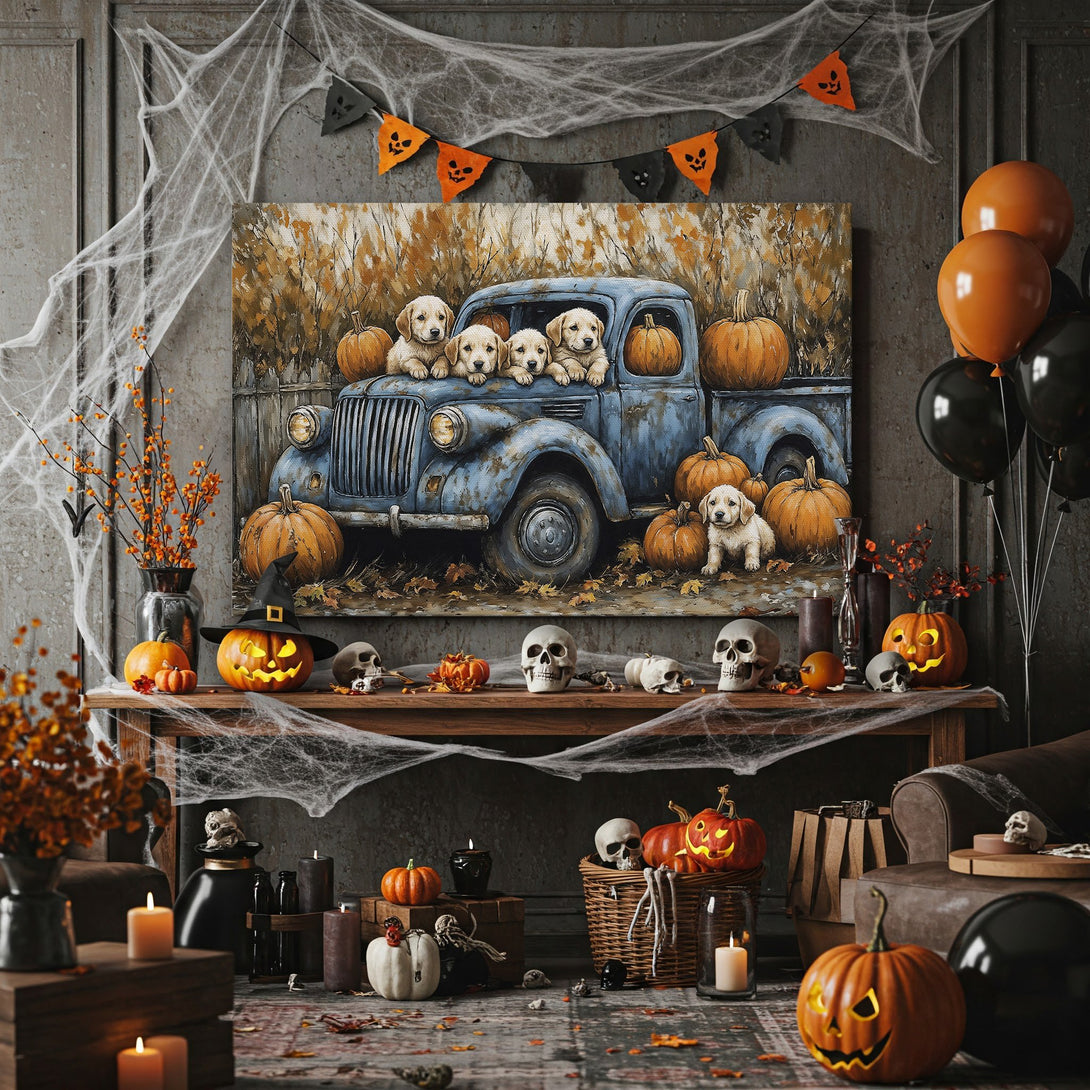 Framed Wall Art: Adorable puppies in a vintage truck with pumpkins, autumn colors. Perfect fall decor for your home. Warm, inviting canvas print.
