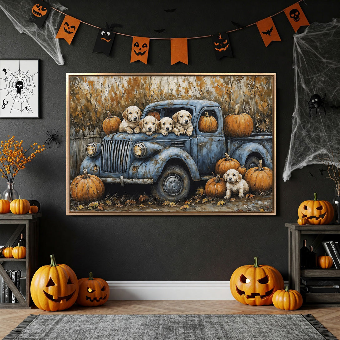 Framed Wall Art featuring puppies in a vintage truck, warm autumn tones. Perfect Halloween decor!