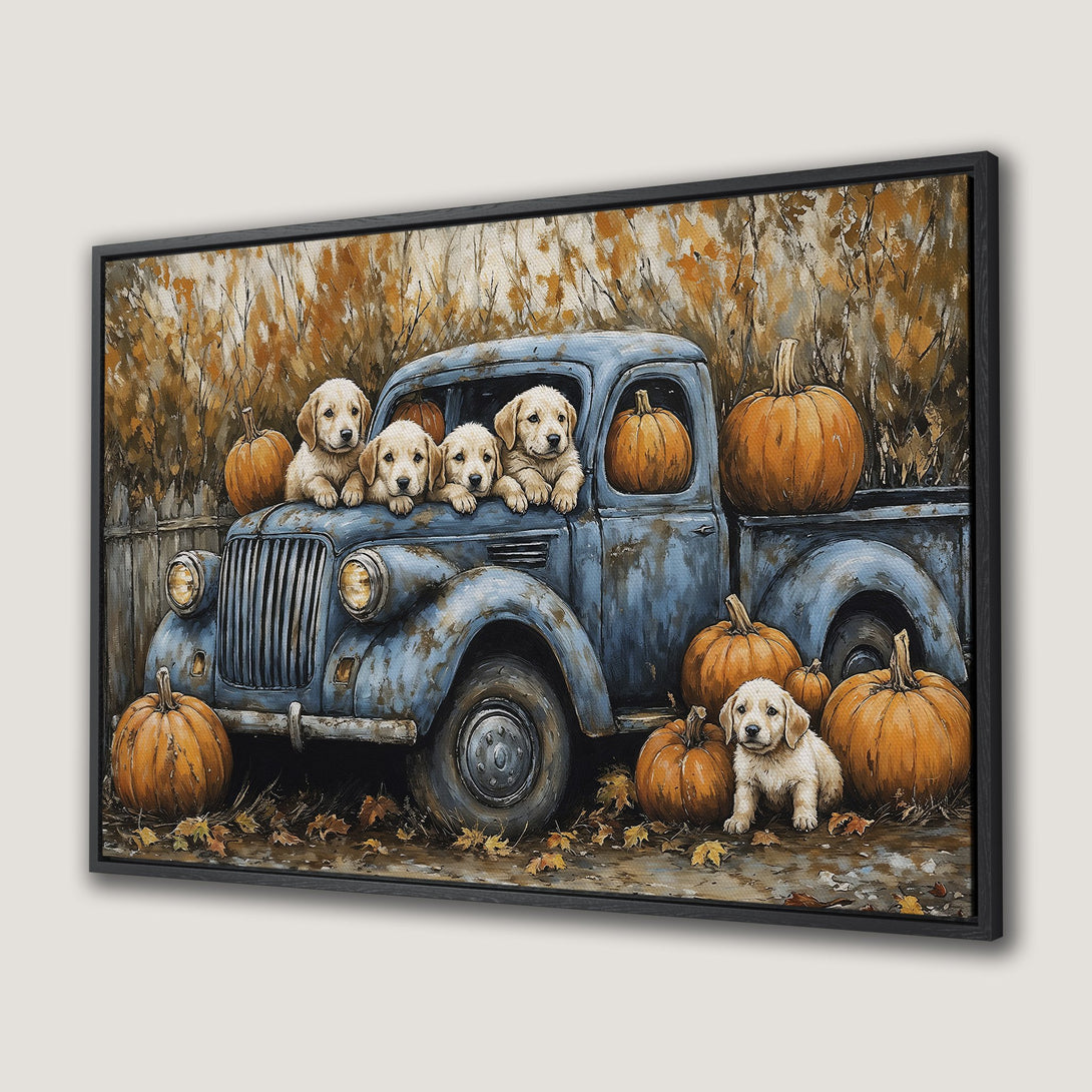 Framed Wall Art: Adorable puppies & pumpkins in a vintage truck. Rustic, warm color palette. Perfect fall decor!