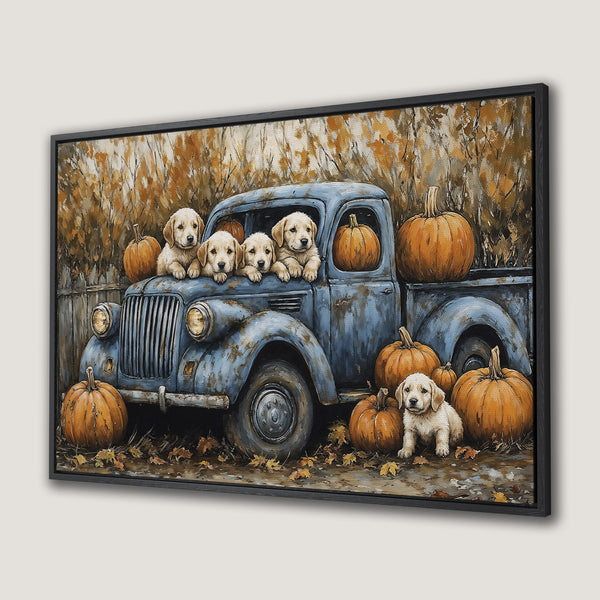 Framed Wall Art: Adorable puppies & pumpkins in a vintage truck. Rustic, warm color palette. Perfect fall decor!