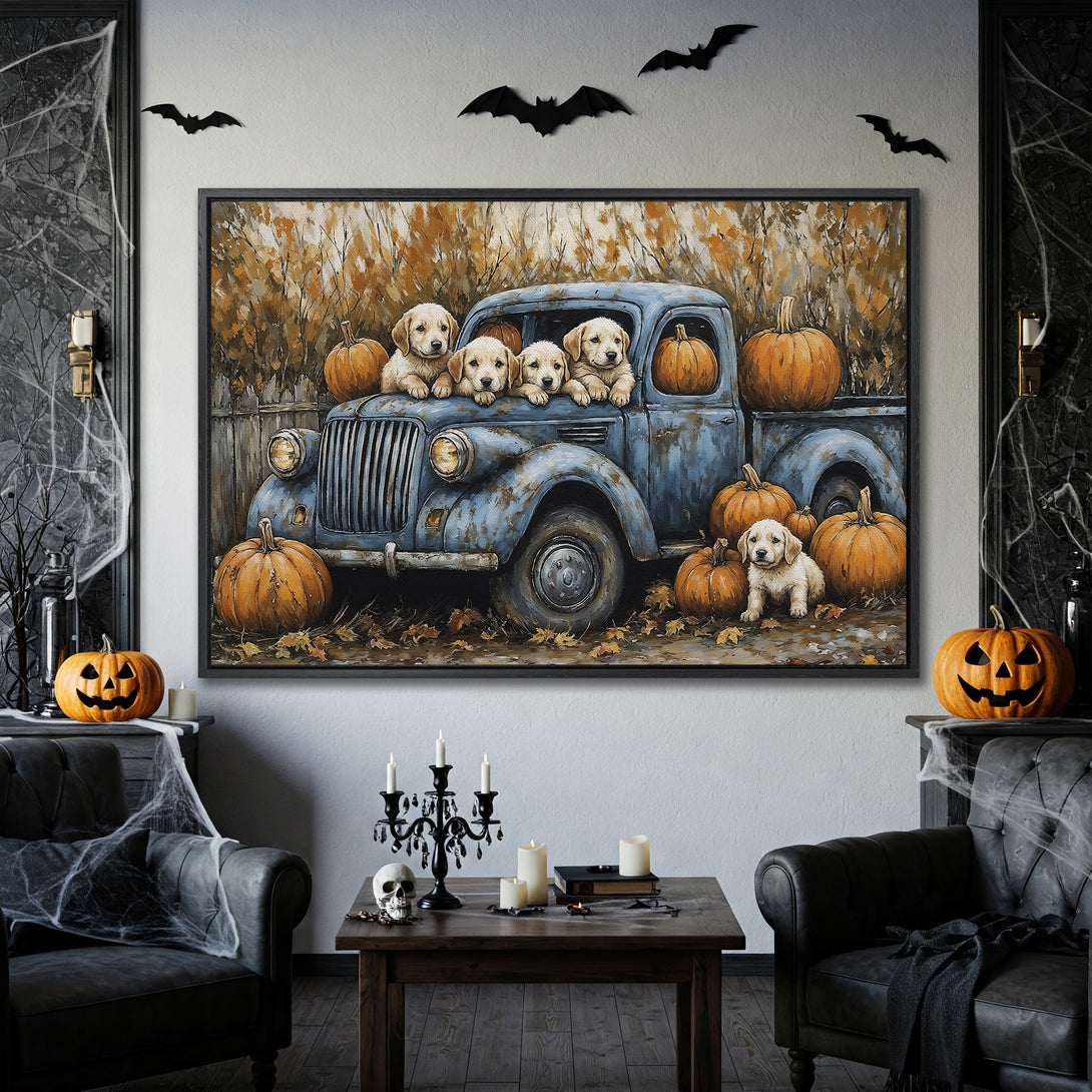 Framed Wall Art featuring adorable puppies in a vintage truck with pumpkins. Warm, autumnal color palette perfect for Halloween decor.