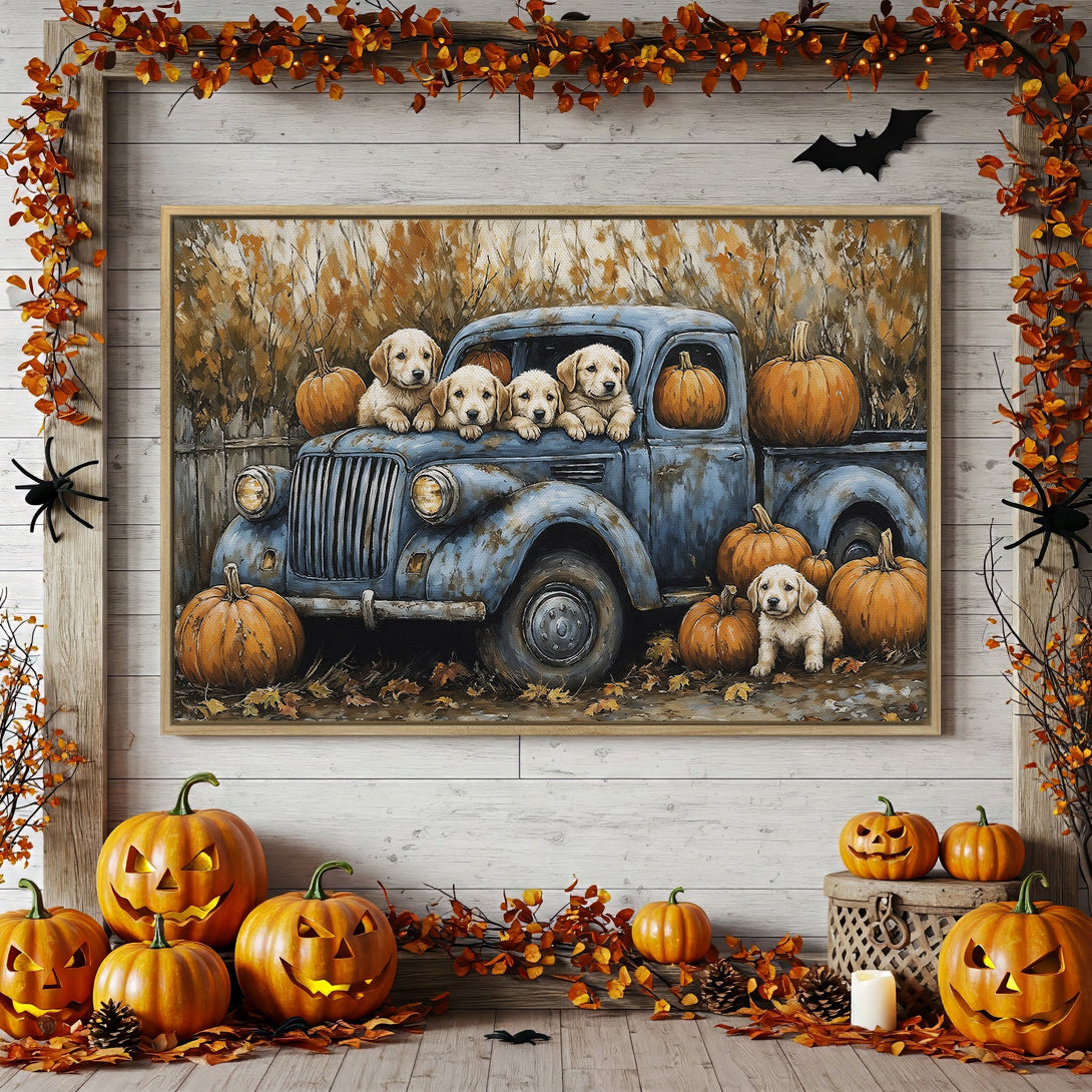 Framed Wall Art: Adorable puppies in a vintage truck with pumpkins. Rustic style, warm orange & blue color palette. Perfect fall decor.