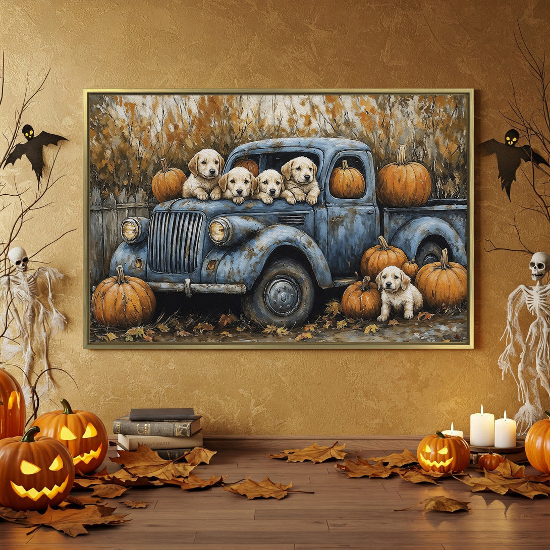 Canvas Print featuring puppies in a vintage truck, autumnal color palette, perfect for Halloween decor. Rustic style wall art.