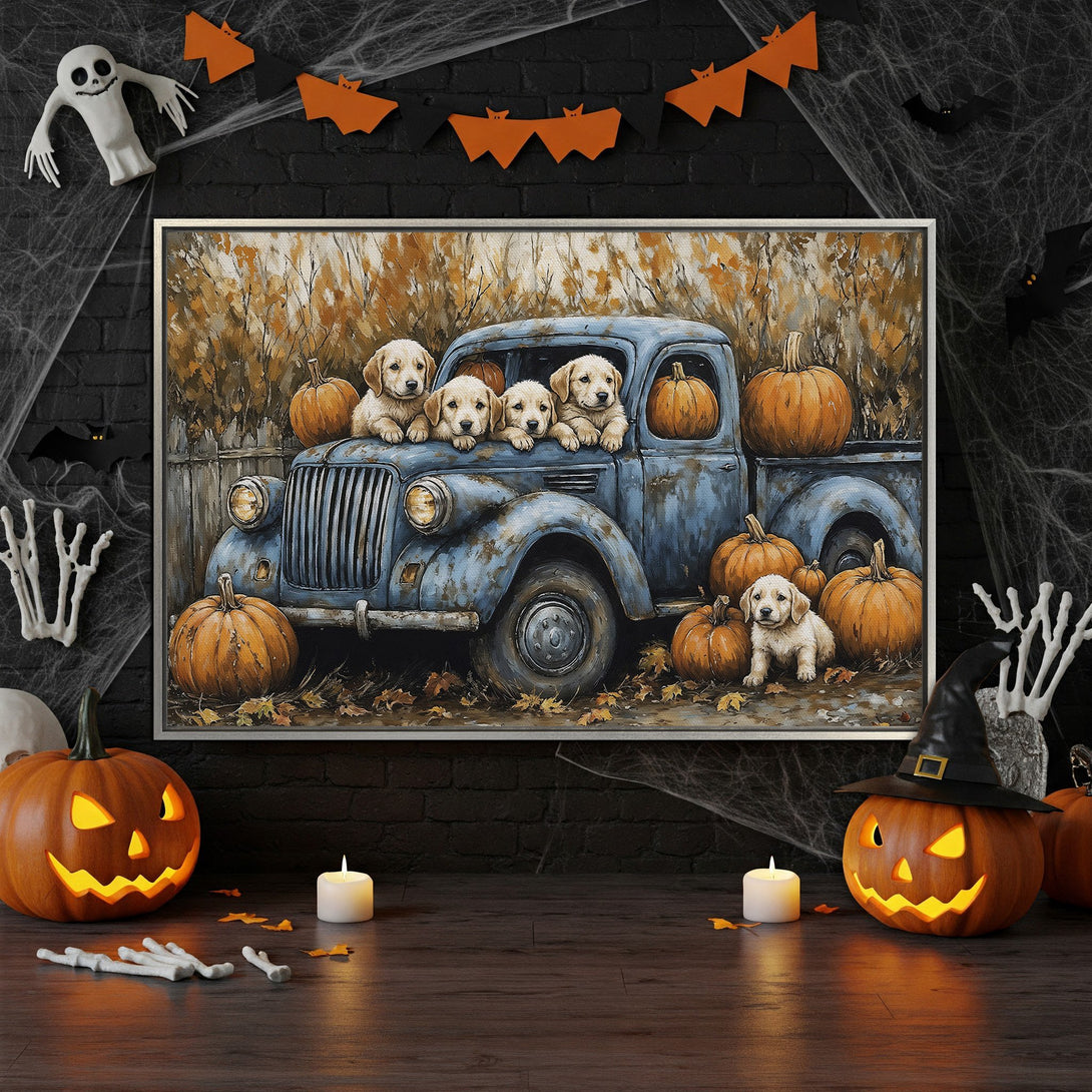 Framed Wall Art: Adorable puppies in a blue truck with pumpkins, autumn colors. Perfect Halloween decor!