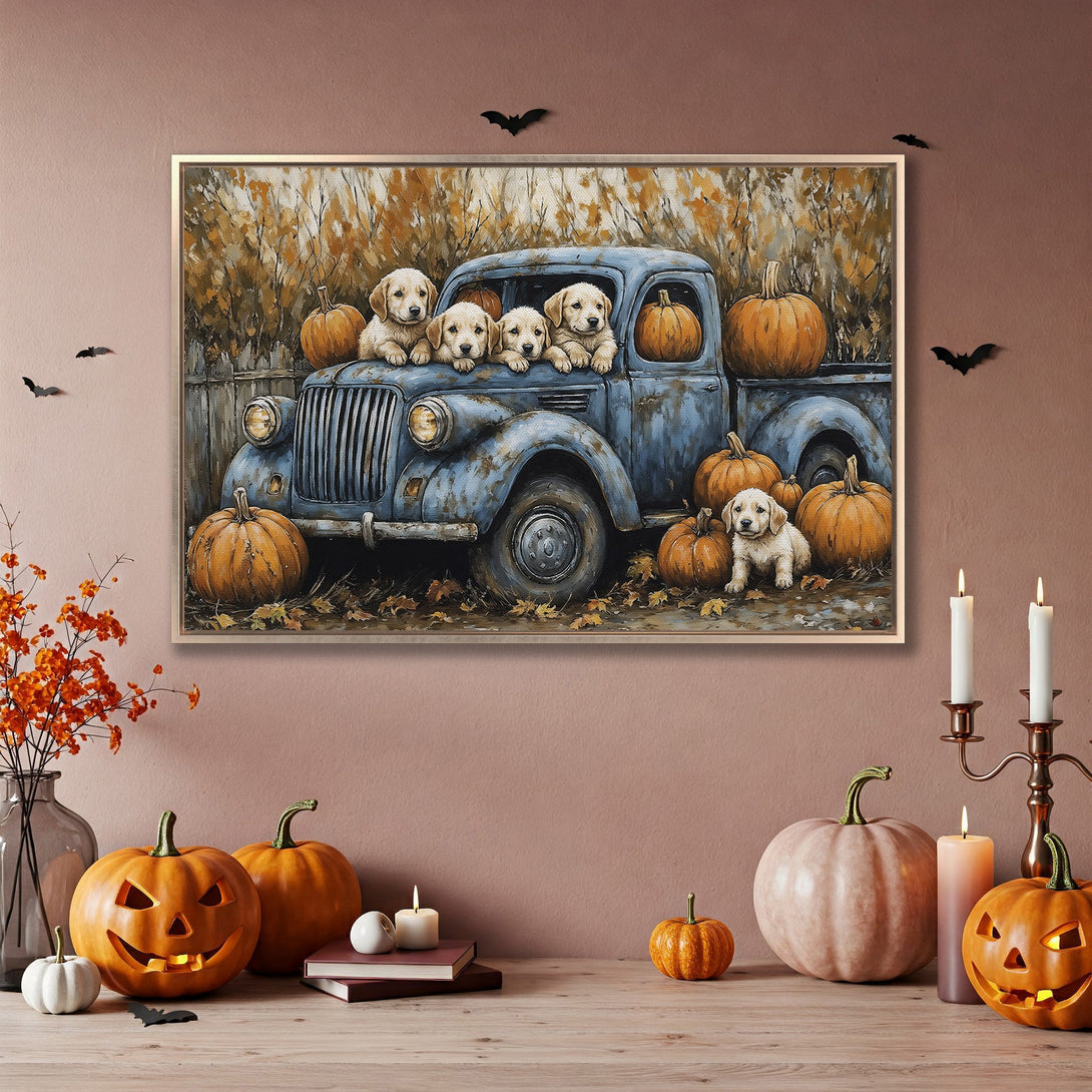Framed Wall Art: Adorable puppies in a vintage truck with pumpkins. Warm autumn tones. Perfect fall decor for your home.