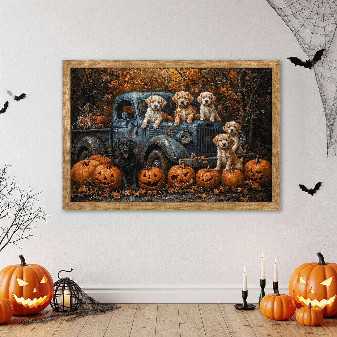 Framed Poster featuring puppies in a truck with pumpkins. Rustic style, warm autumn color palette. Perfect fall decor!