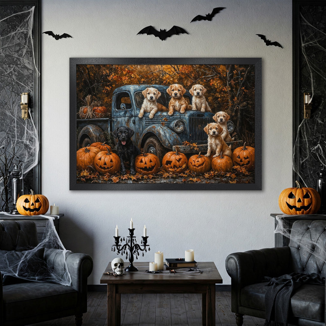 Framed Poster featuring puppies in a vintage truck with pumpkins. Autumnal style, warm orange and blue color palette. Perfect Halloween decor!