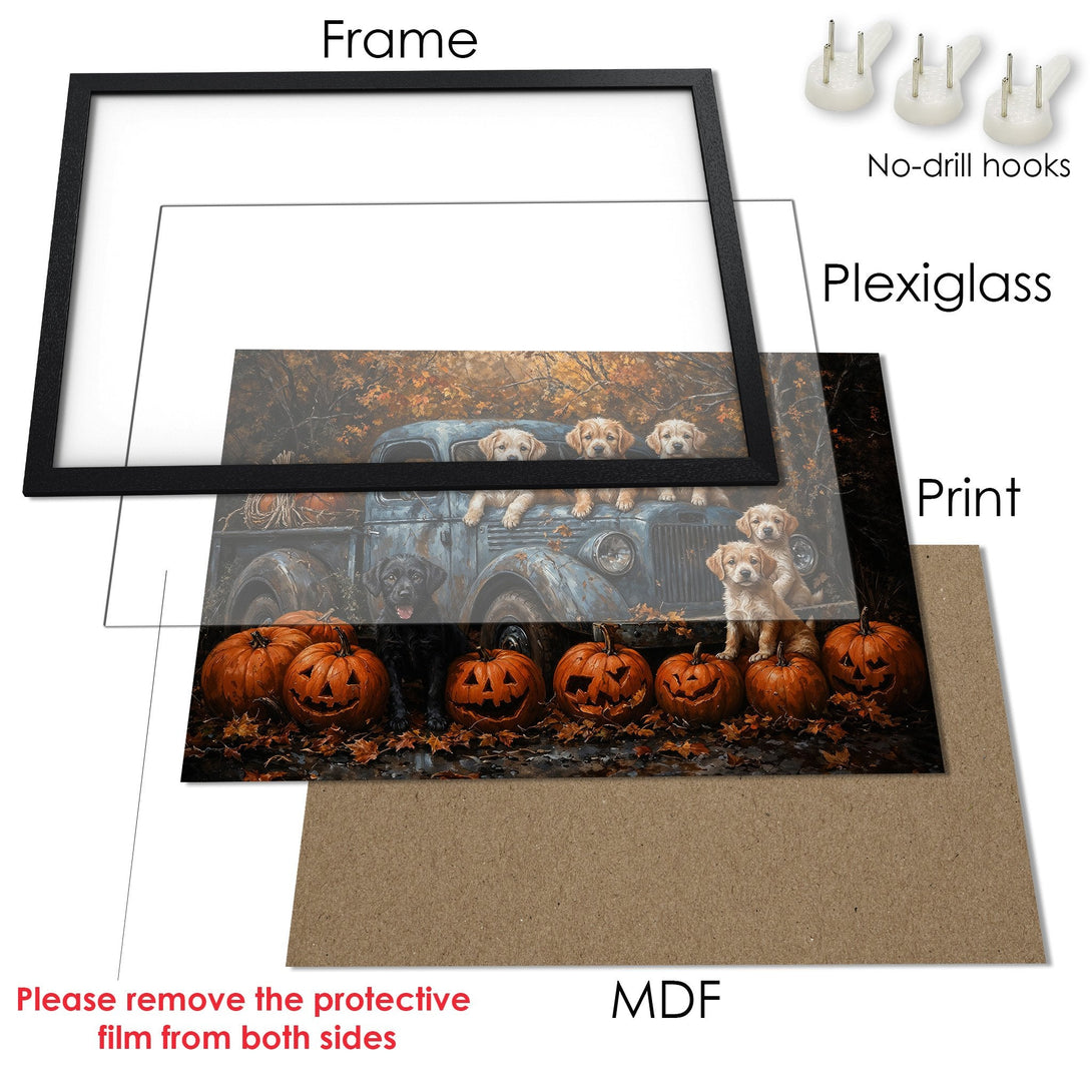 Framed Poster featuring puppies in a vintage truck with pumpkins, warm autumn tones. Perfect wall art!