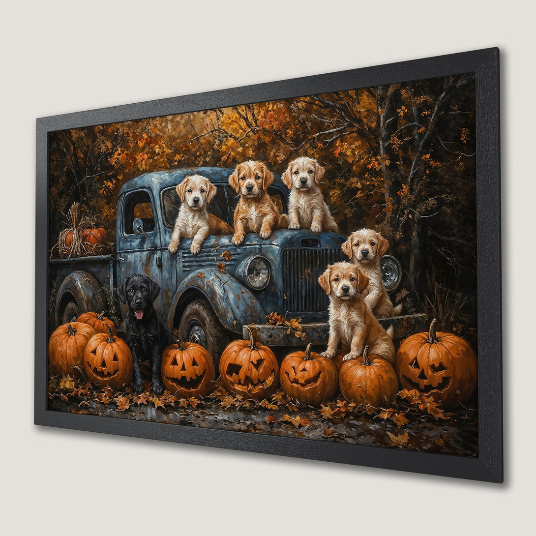 Framed Poster featuring adorable puppies, pumpkins, and a vintage truck in autumn colors. Perfect fall decor!