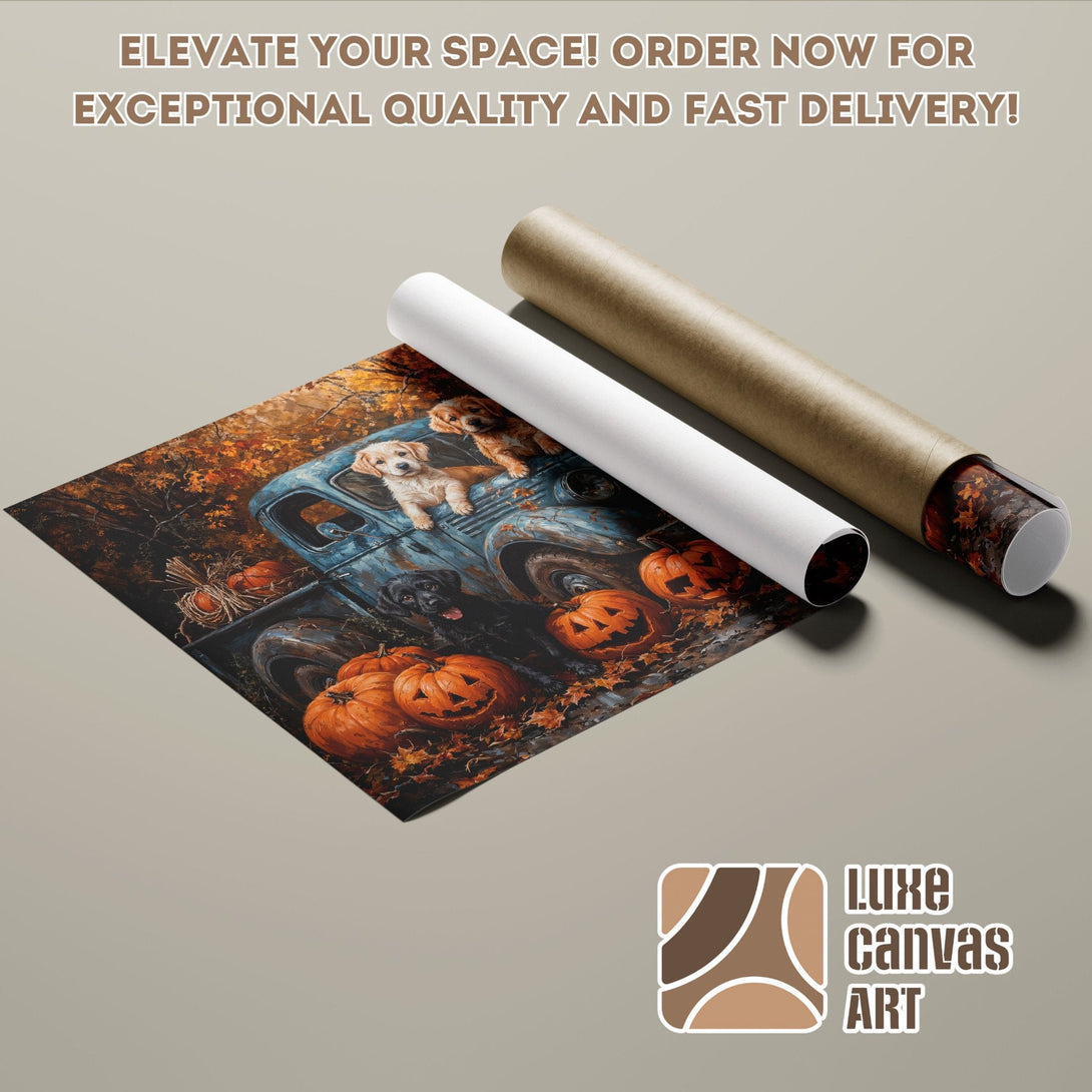 Poster Roll featuring dogs in a vintage truck with pumpkins, warm autumn colors. Perfect wall art!