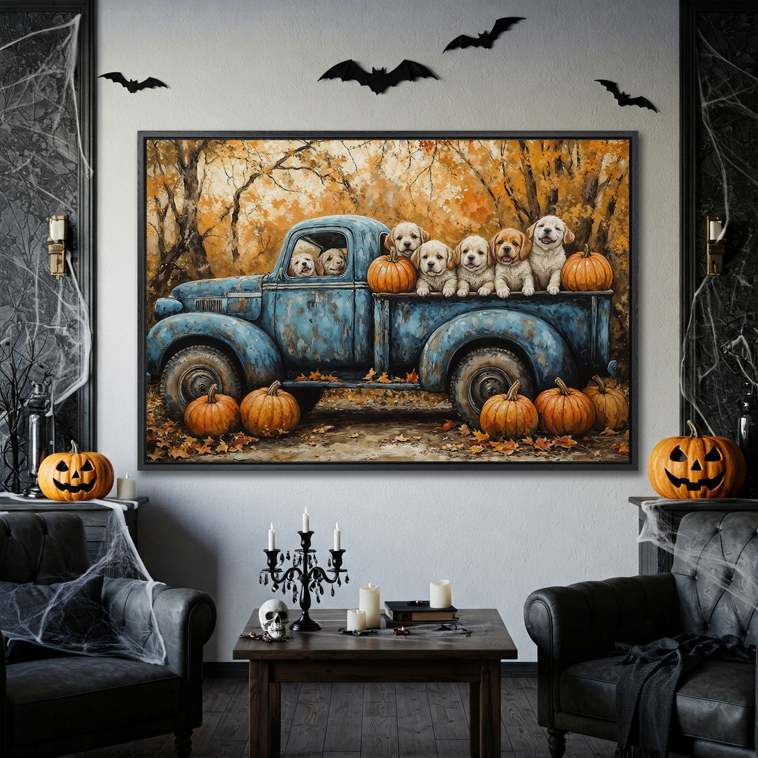 Framed Wall Art featuring puppies in a truck with pumpkins, autumn colors. Perfect Halloween decor!