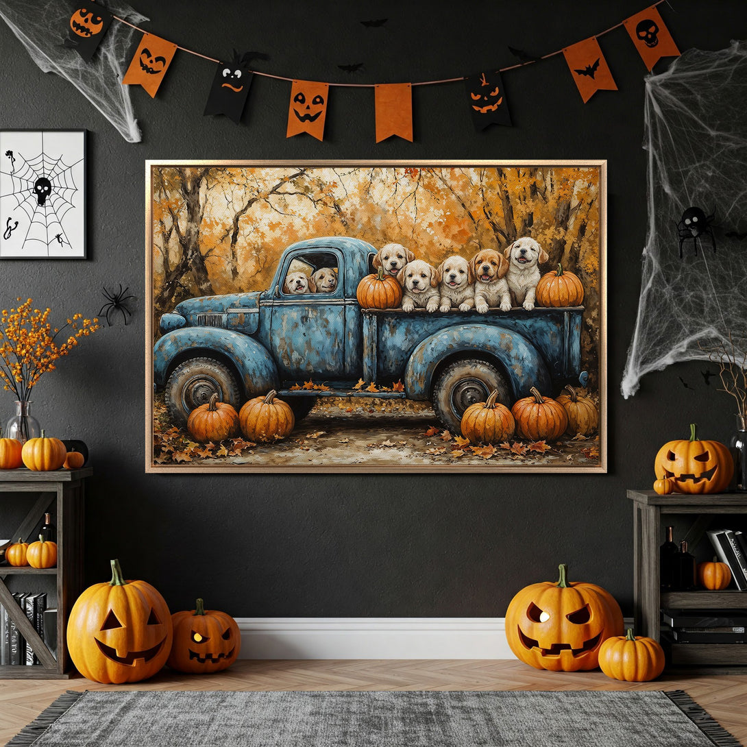 Framed Wall Art featuring puppies in a vintage blue truck, autumn scene with pumpkins. Warm orange and yellow color palette, perfect for Halloween decor.