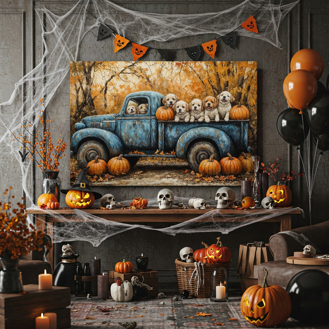 Framed Wall Art: Adorable puppies in a vintage truck with pumpkins, autumn scene. Warm orange & blue color palette. Perfect fall decor!
