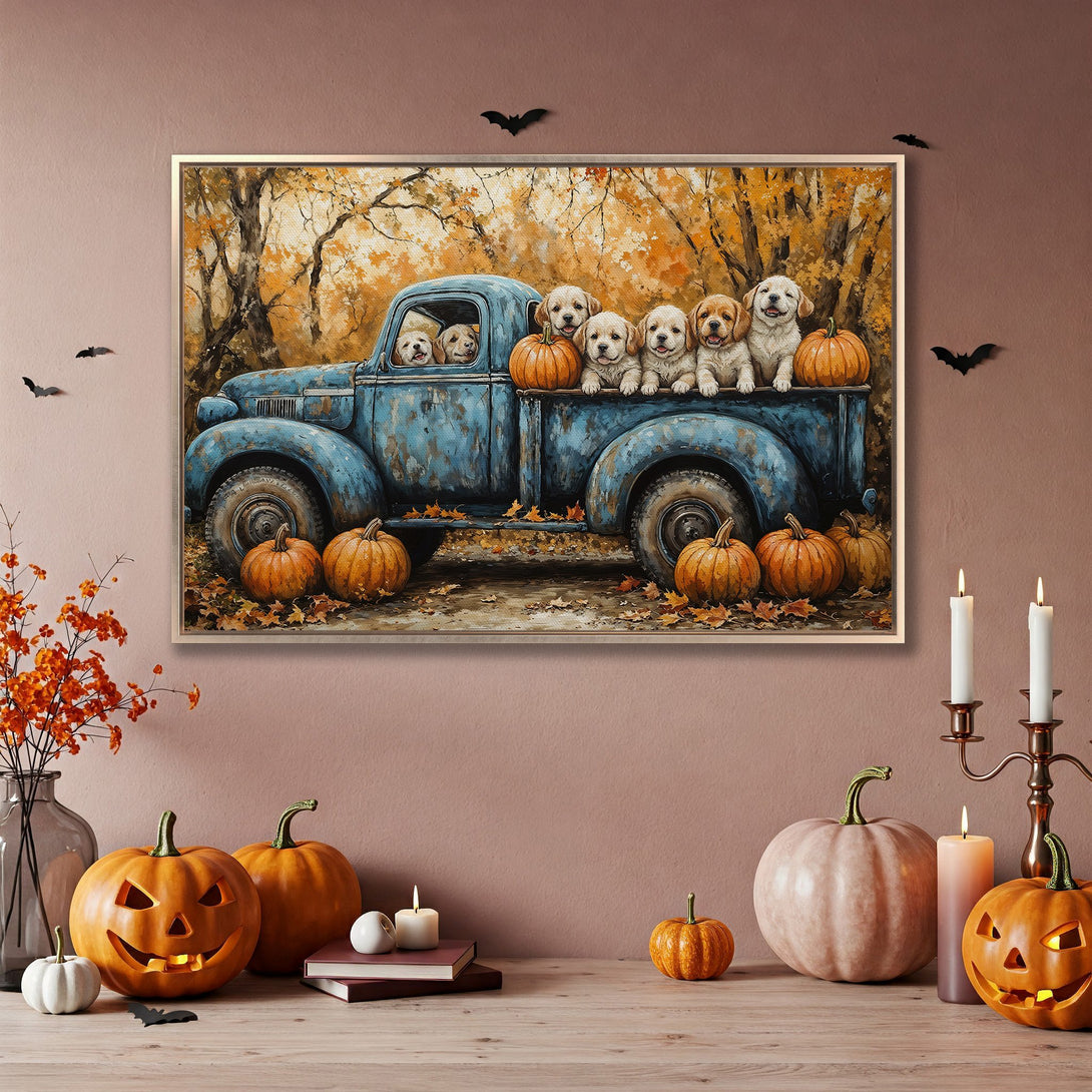 Framed Wall Art: Adorable puppies in a vintage blue truck with pumpkins, autumn colors. Perfect fall decor for your home!