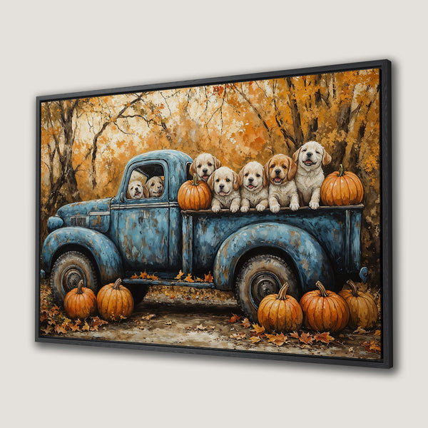 Framed Wall Art: Adorable puppies in a vintage blue truck with pumpkins. Autumnal scene in warm orange and blue tones. Perfect fall decor.
