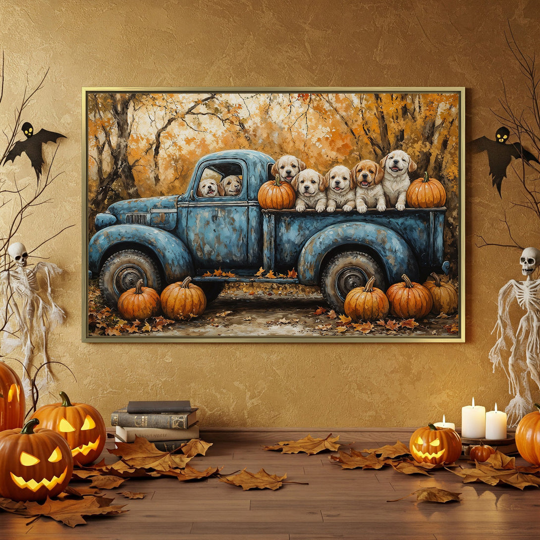Canvas Print: Adorable puppies in a vintage truck, autumn-themed wall art with warm orange & blue tones, perfect for Halloween decor.