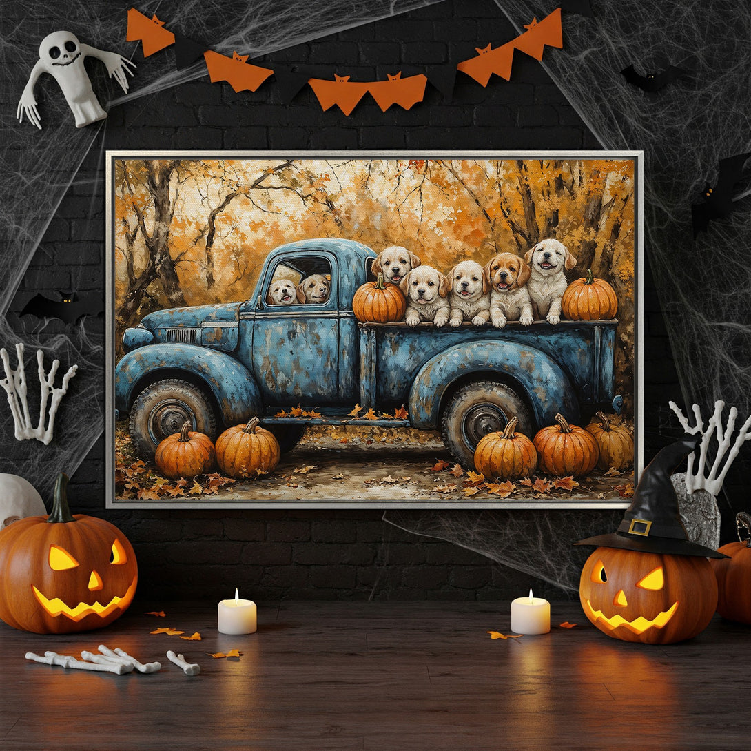 Framed Wall Art: Adorable puppies in a vintage blue truck with pumpkins. Warm autumn tones. Perfect Halloween decor!