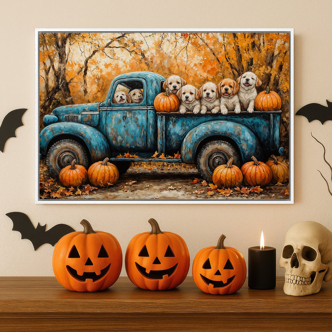 Framed Wall Art: Adorable puppies in a vintage blue truck with pumpkins, autumn colors. Perfect fall decor for your home. Canvas Print available.