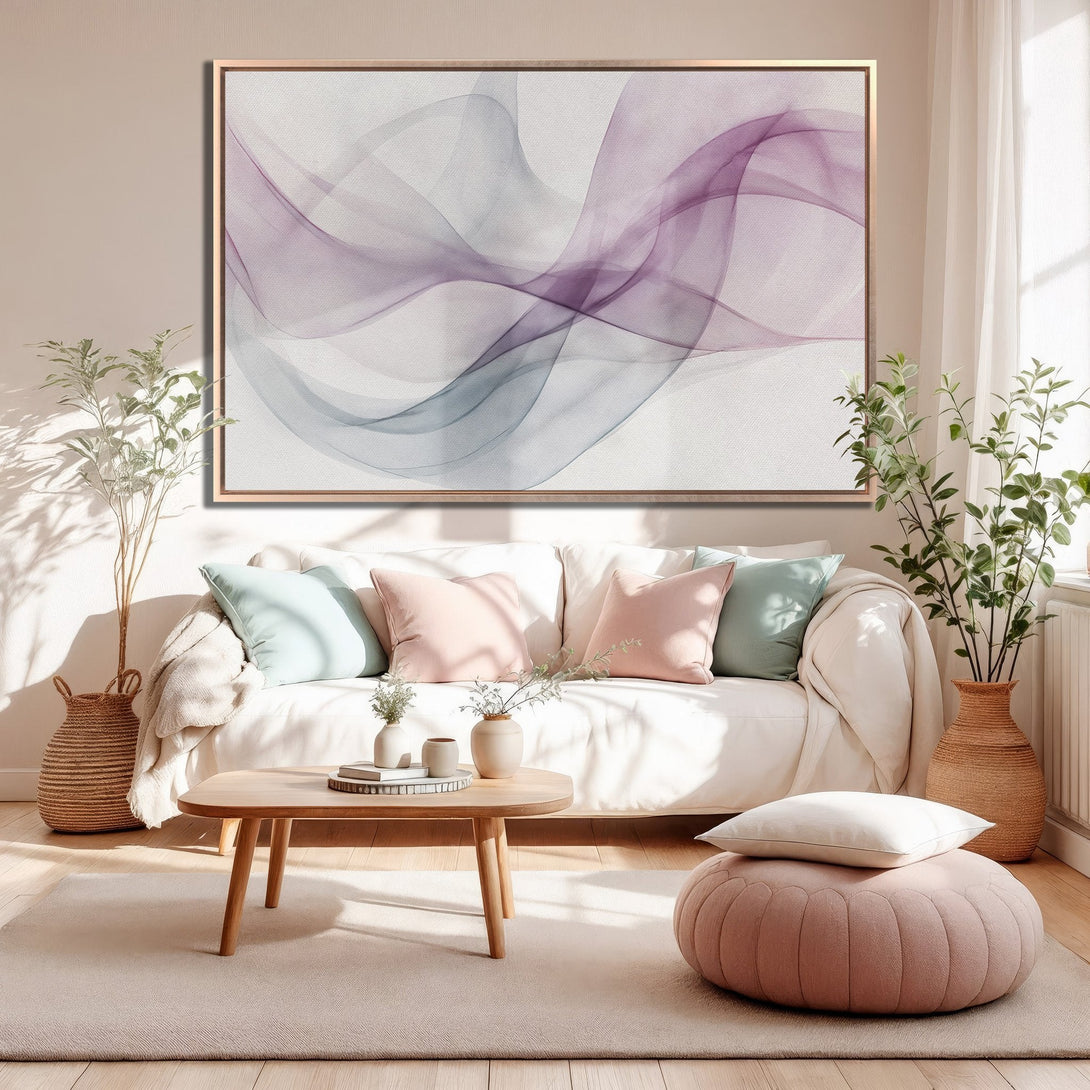 Framed Wall Art: Abstract flowing artwork in purple and gray tones. Modern canvas print adds a touch of elegance to any living room.