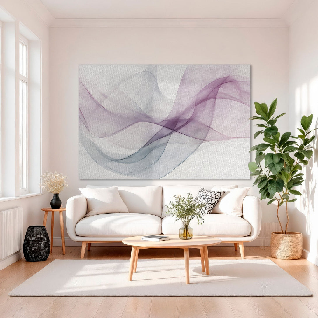Framed Wall Art: Abstract waves in purple and teal hues. Modern canvas print adds elegance to any interior. Shop now!