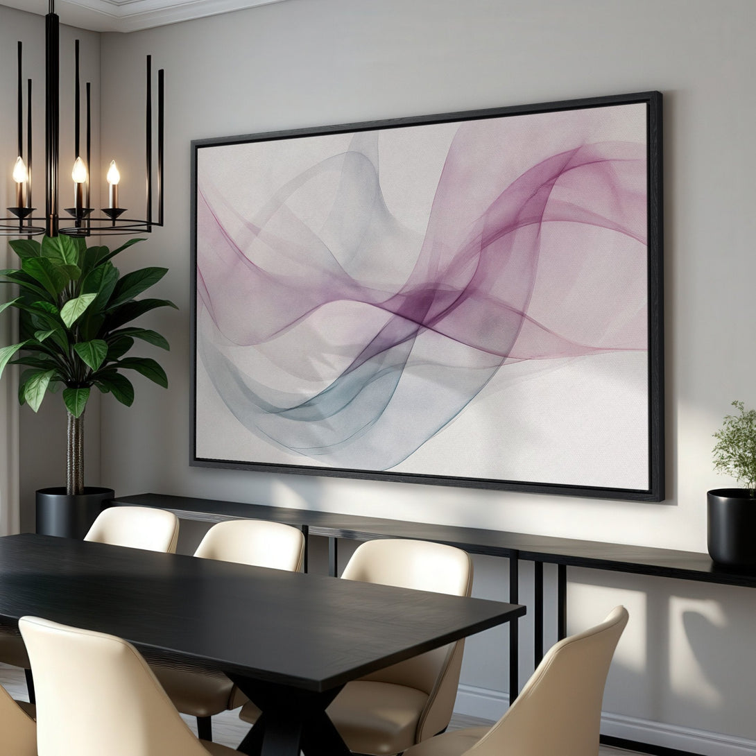 Framed Wall Art featuring abstract flowing lines in purple and blue. Modern Canvas Print adds a touch of elegance to any dining room.