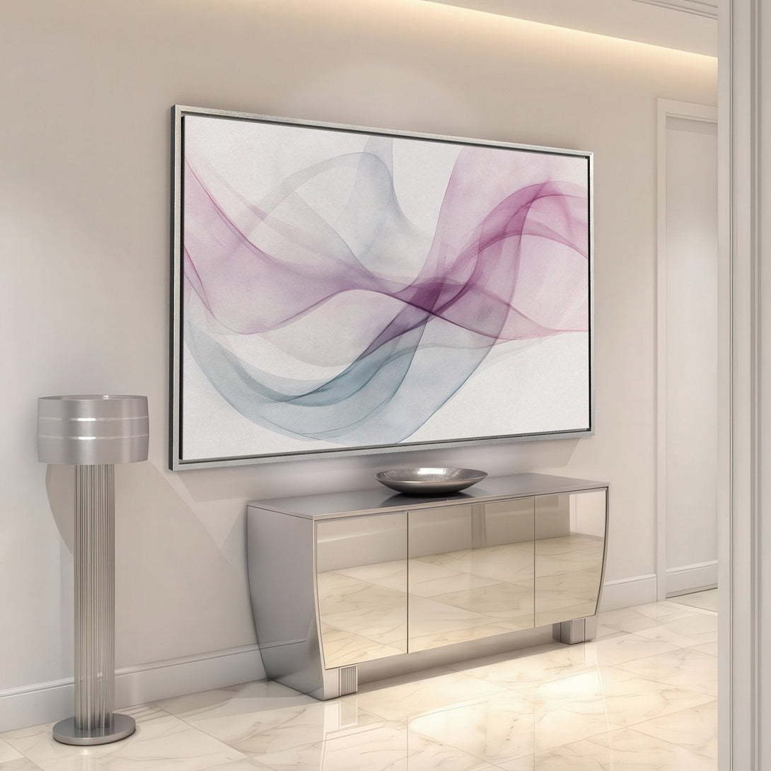 Framed Wall Art featuring abstract flowing design in purple, gray, and white. Modern art canvas print adds a touch of elegance to any space.