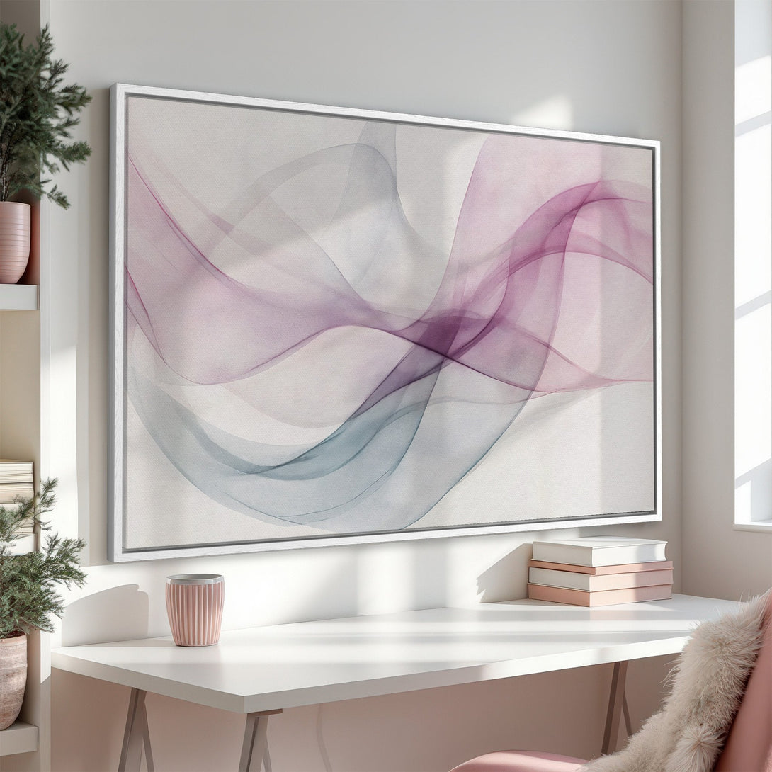 Framed Wall Art featuring abstract flowing lines in a soft purple and blue palette. Modern art for a stylish home.