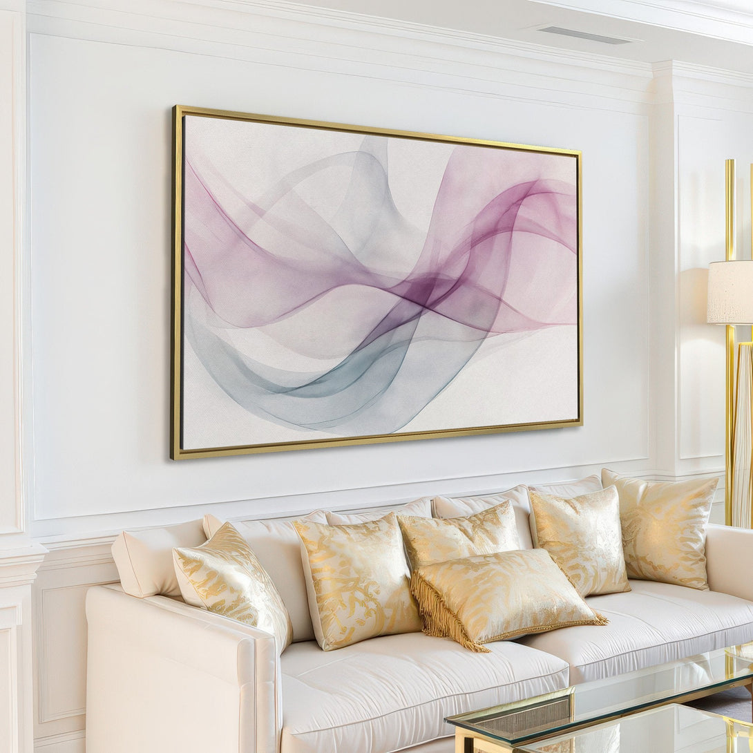 Abstract Canvas Print in a modern living room. Features flowing, ethereal art in shades of purple and gray. Perfect for minimalist decor.