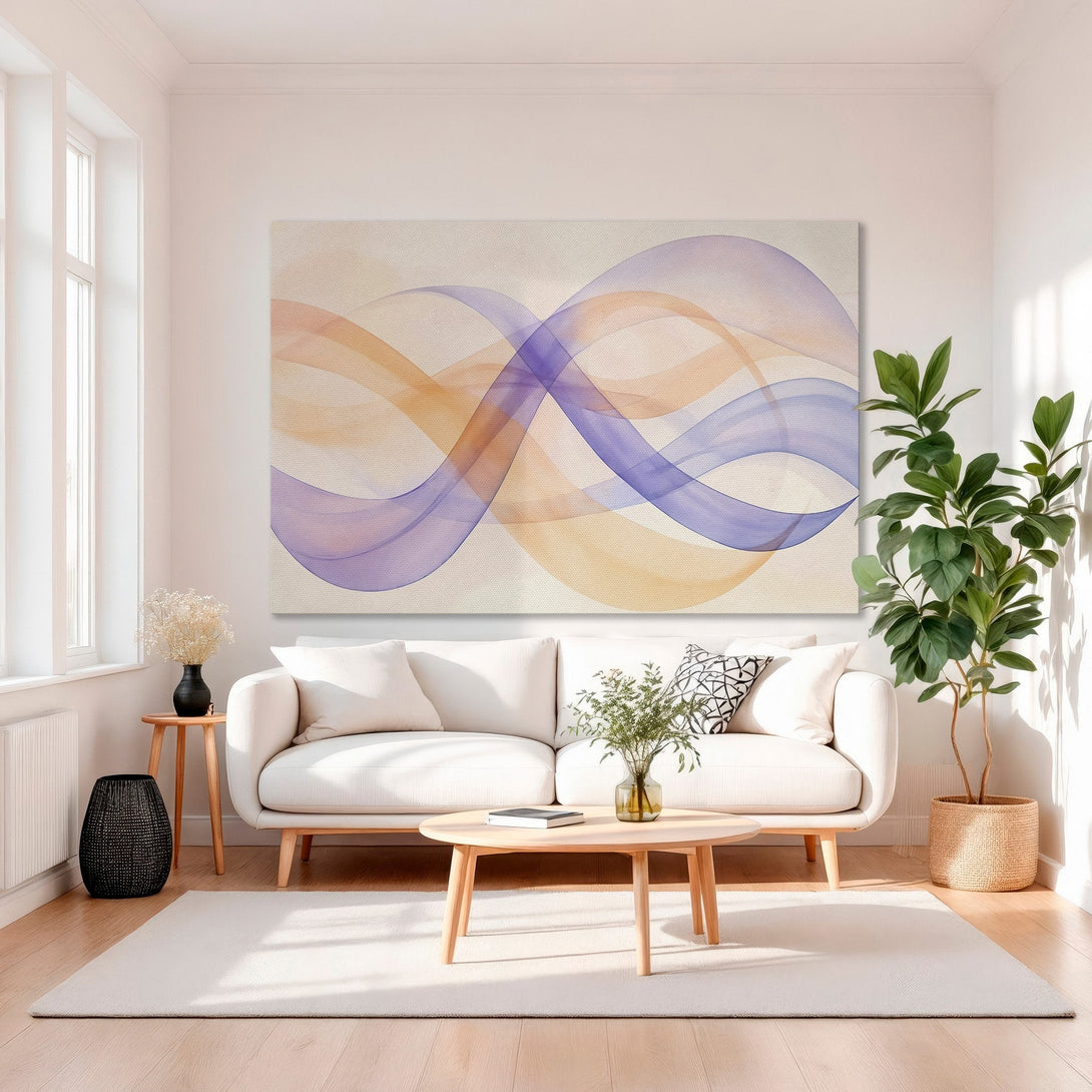 Framed Wall Art featuring abstract watercolor waves in orange, purple, and beige. Modern art canvas print adds elegance to any interior.
