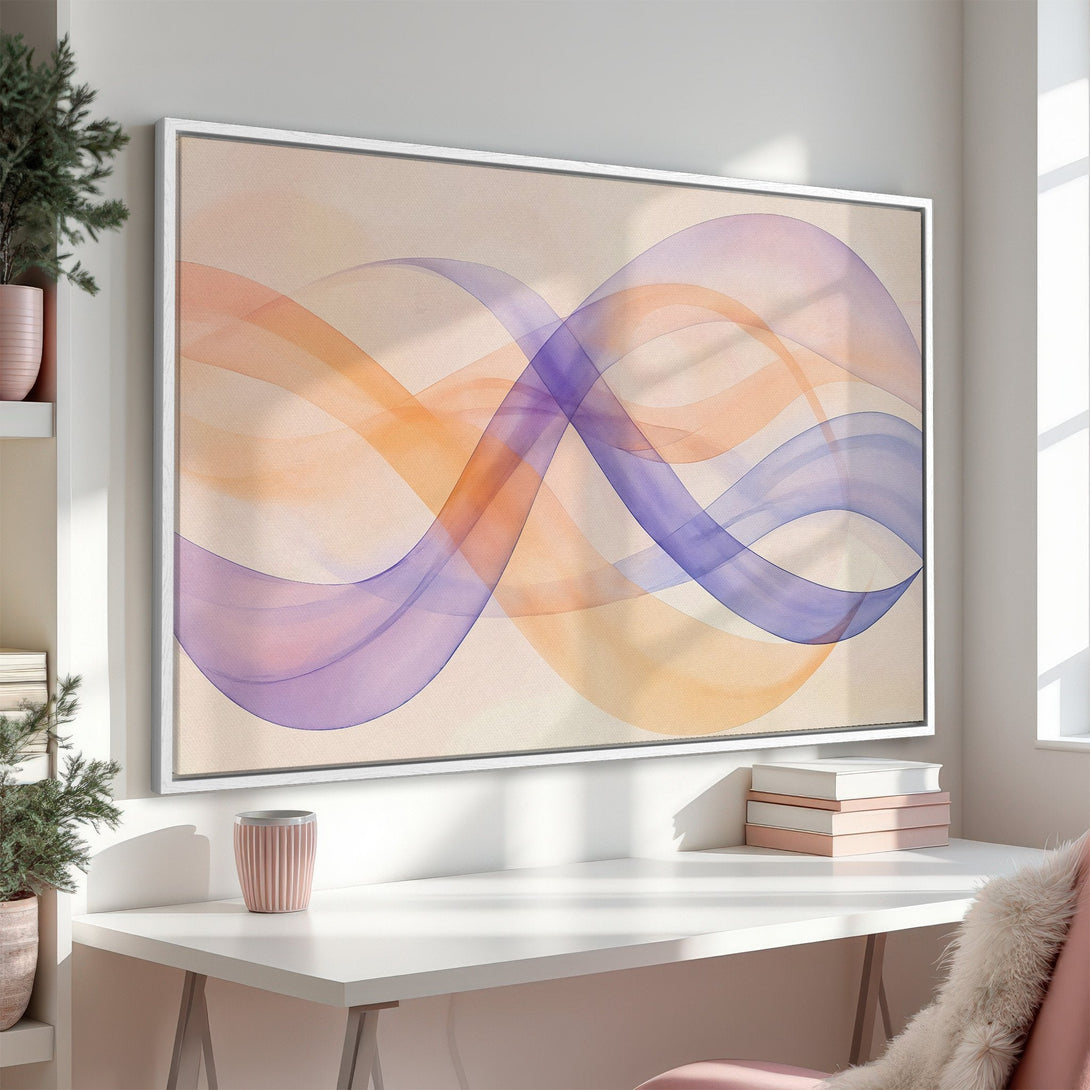 Framed Wall Art featuring abstract watercolor waves in purple, orange, and beige. Modern art for home decor.
