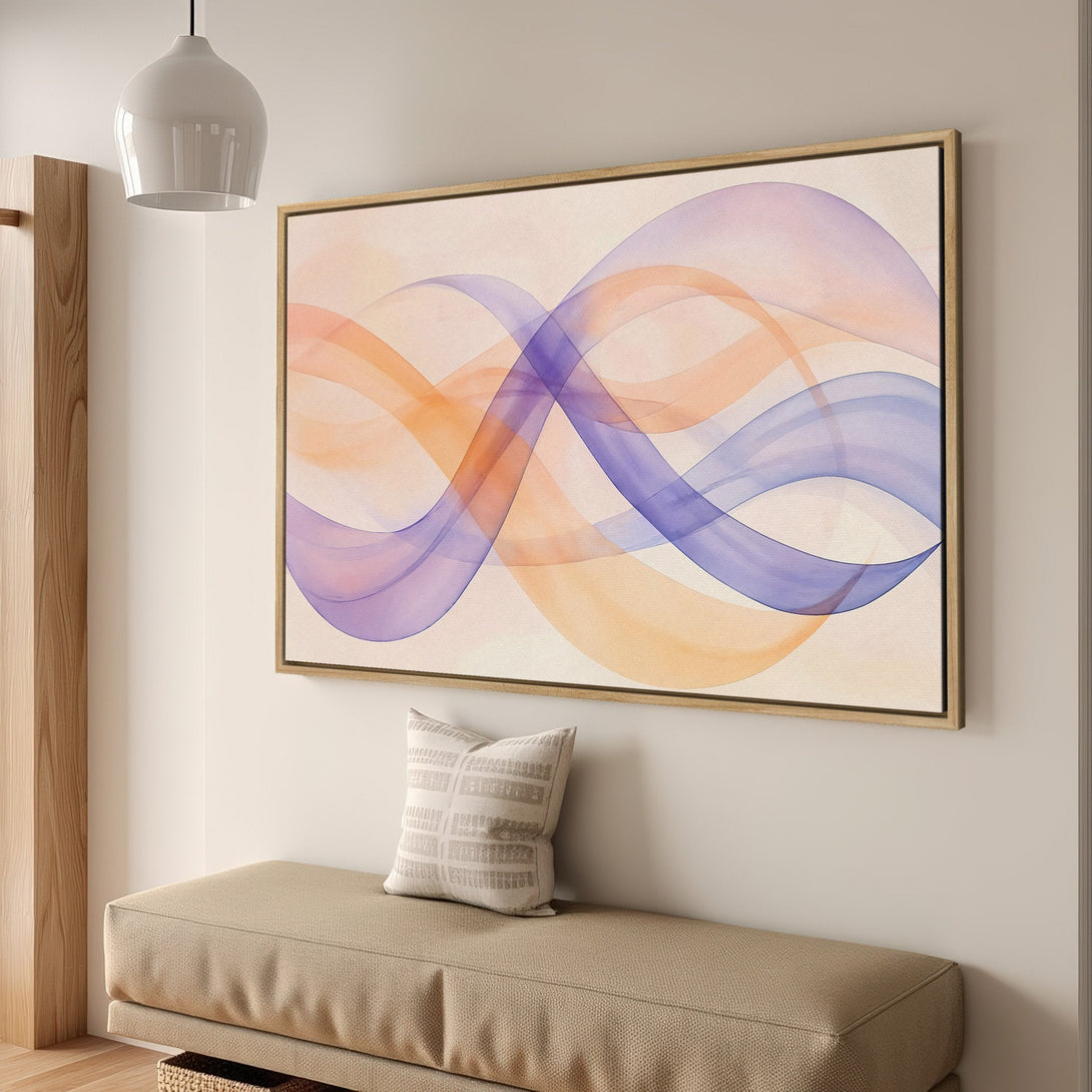 Framed Wall Art featuring abstract watercolor waves in orange, purple, and blue hues. Modern art canvas print for a stylish home decor upgrade.