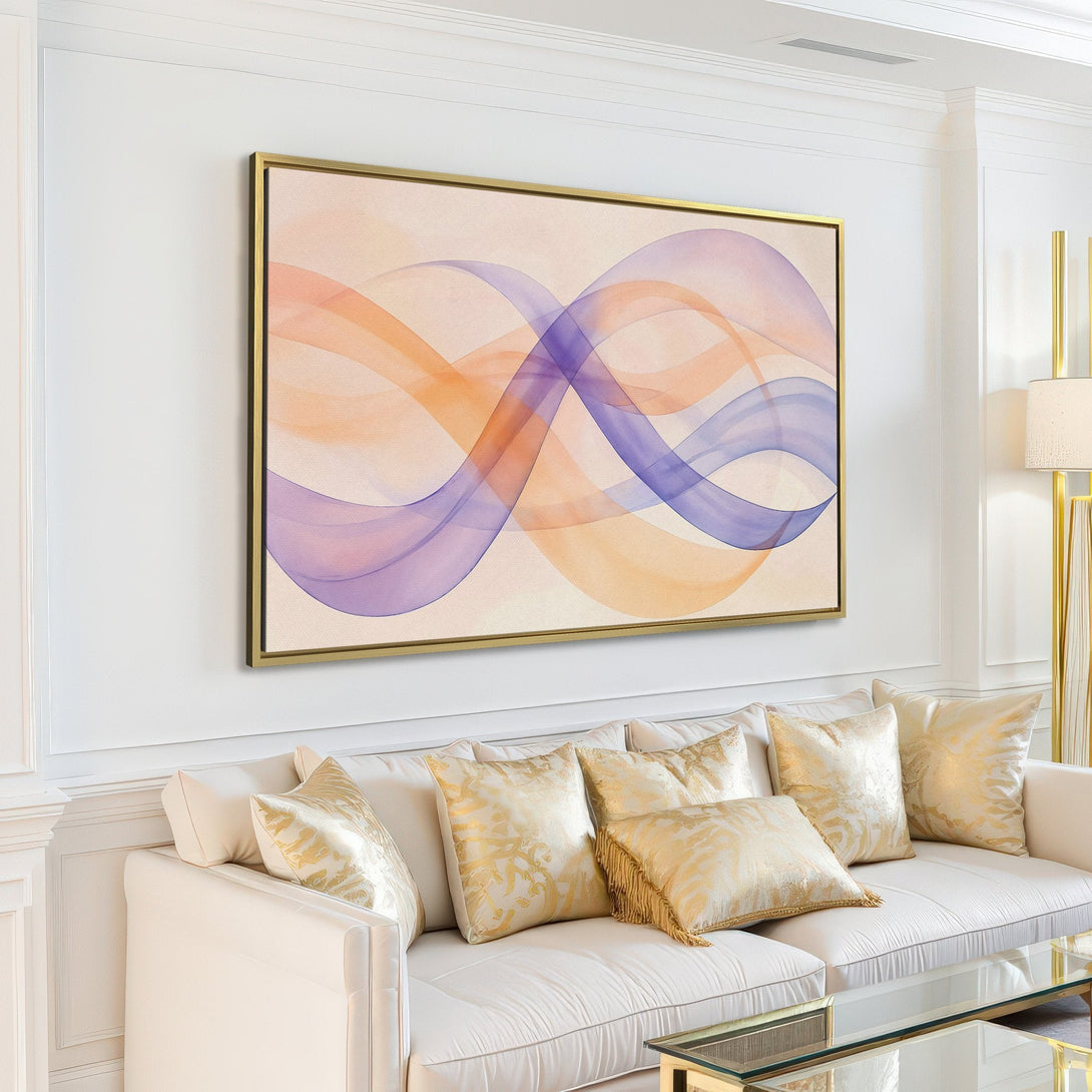 Abstract Canvas Print in a modern living room. Features flowing lines in pastel orange and purple hues. Perfect for adding a touch of art to your home!