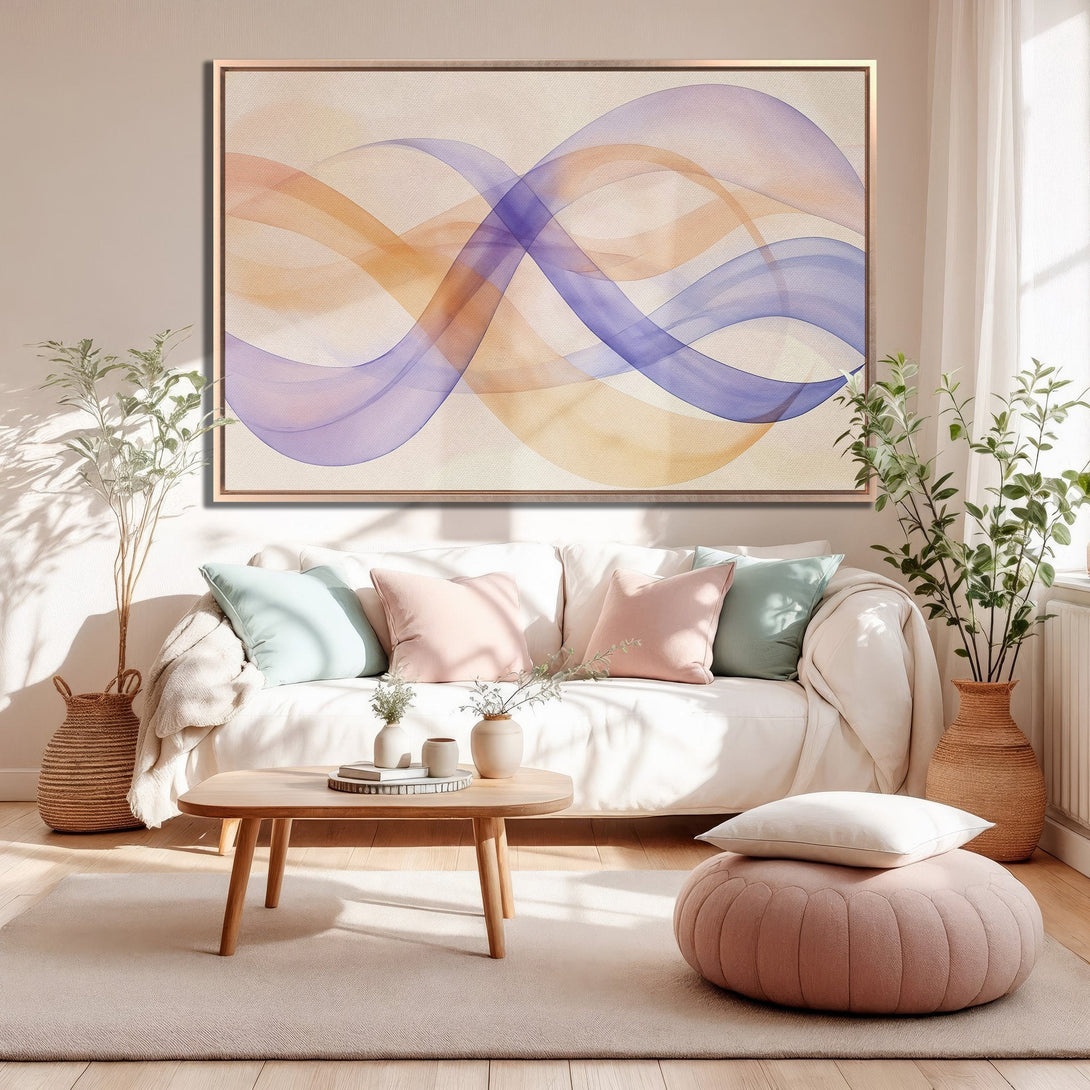 Framed Wall Art featuring abstract watercolor waves in pastel orange, purple, and beige. Modern art to elevate your living room decor.