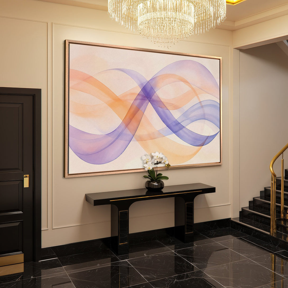 Framed Wall Art: Abstract waves in orange, purple, and blue. Modern canvas print adds elegance to a luxury interior. Shop now!
