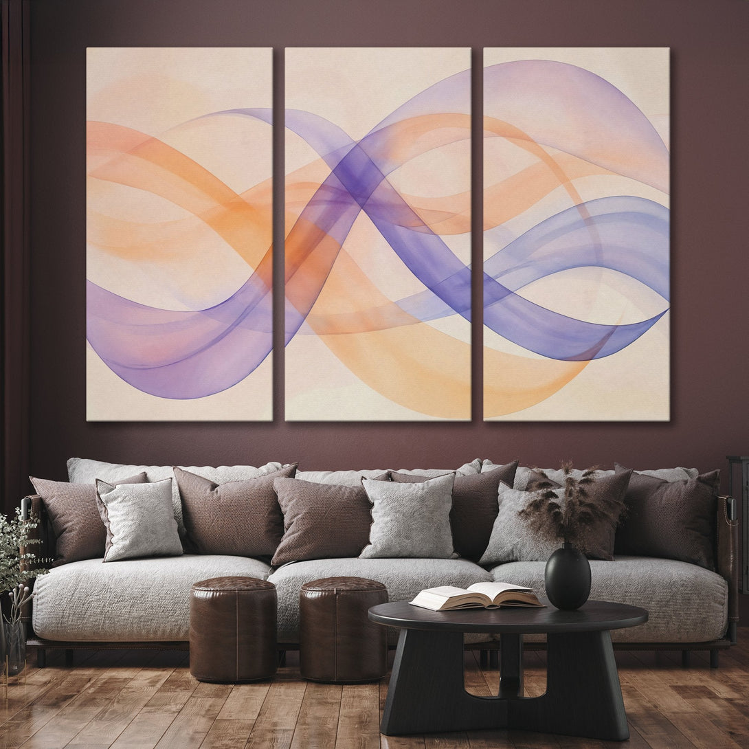 Abstract Canvas Print art with flowing lines in orange, purple, and blue hues. Modern wall decor for a stylish home.