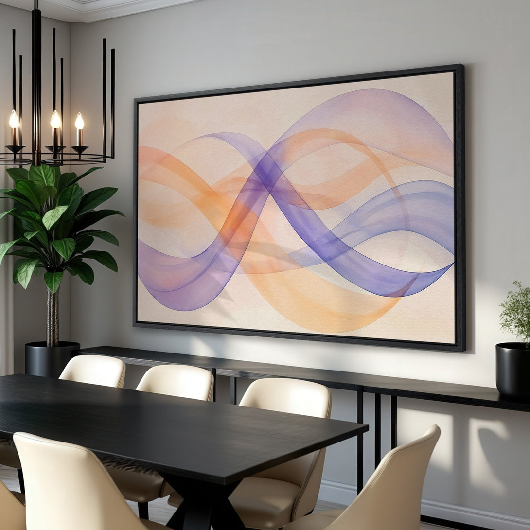 Framed Wall Art featuring abstract watercolor waves in orange and purple. Modern art canvas print perfect for dining room decor. Shop now!