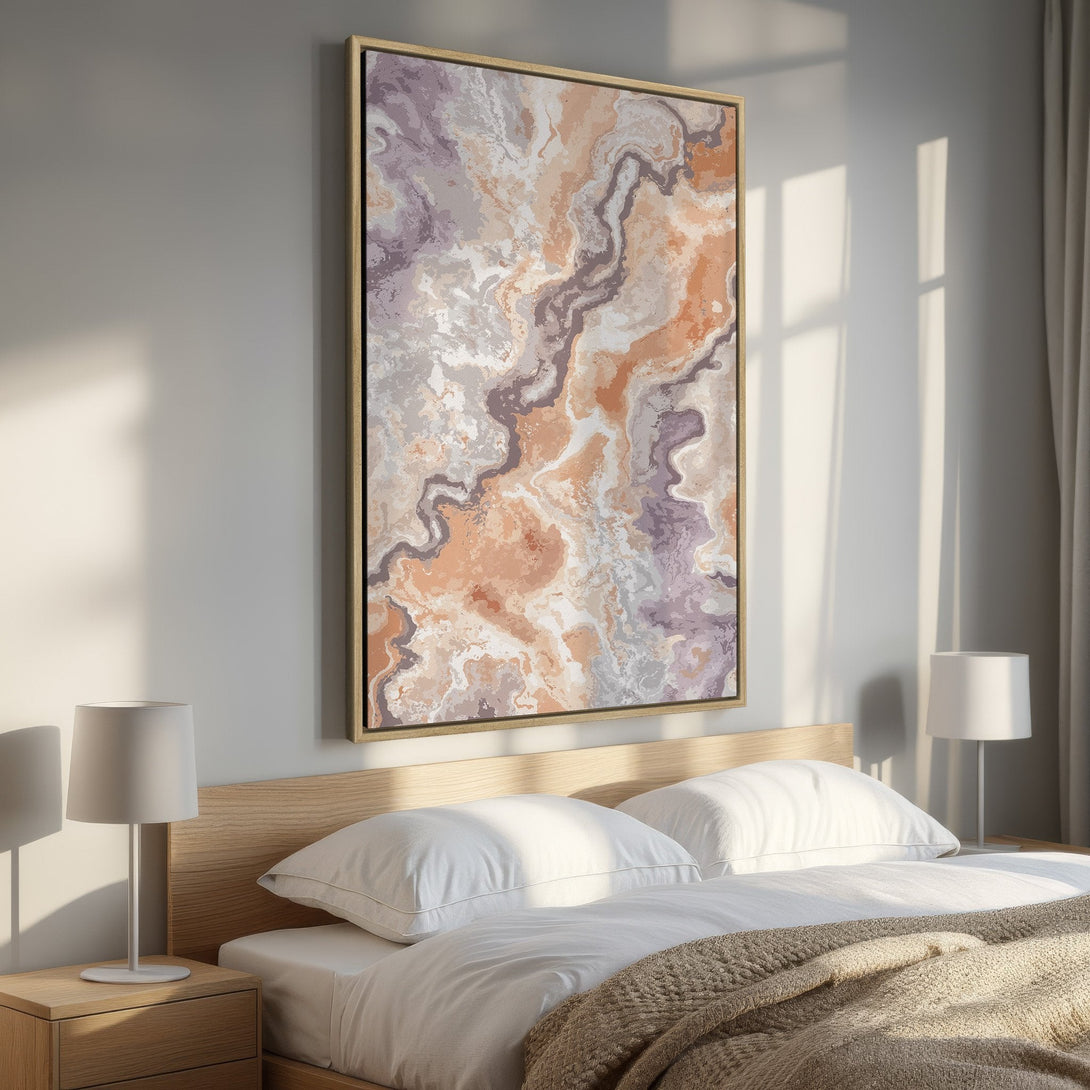 Framed Wall Art: Abstract art print in warm neutral tones. Modern decor with a marble-like design, perfect for bedroom or living room.