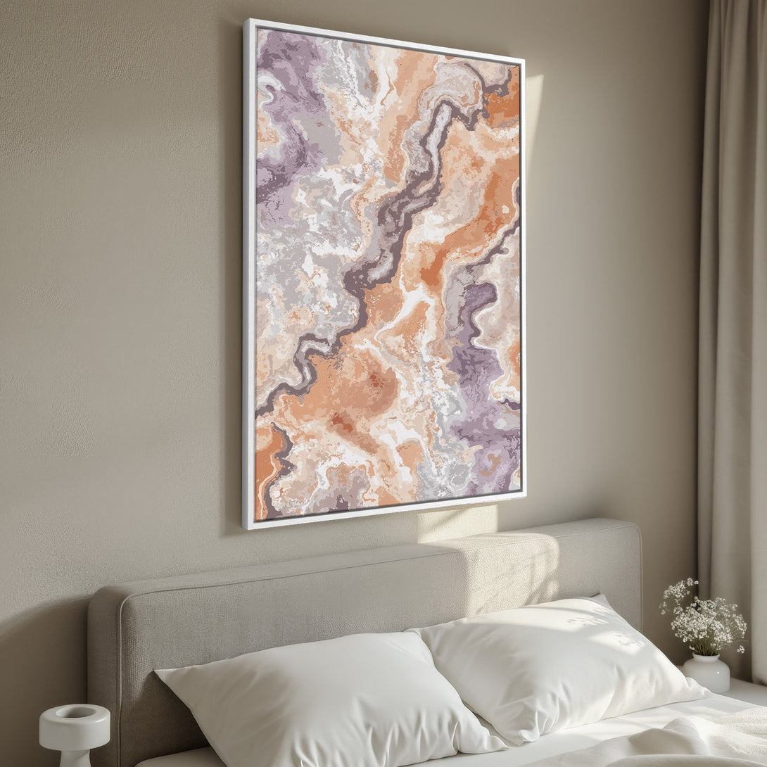 Framed Wall Art: Abstract art print in warm earth tones (orange, purple, gray) displayed in a bedroom. Modern art for a stylish home.