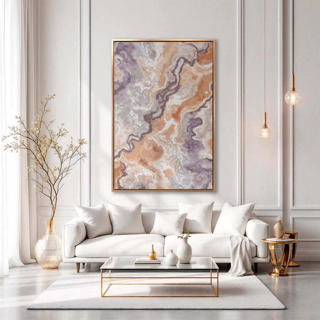 Framed Wall Art in a modern living room. Abstract art print with a warm color palette featuring orange, purple, and gray tones. Add a touch of elegance to your space.