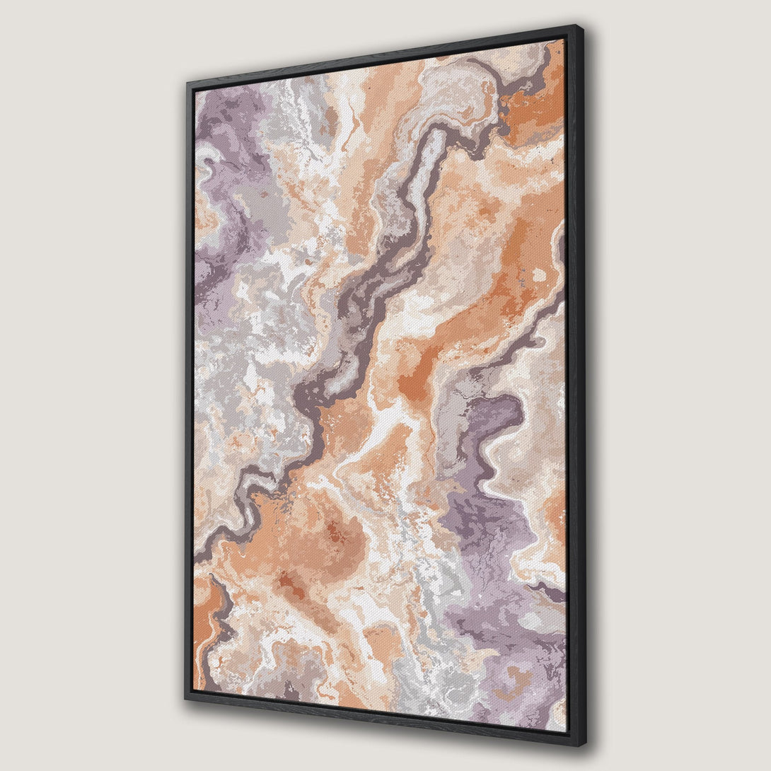 Framed Wall Art featuring an abstract marble design in warm terracotta, purple, and gray tones. Modern canvas print for stylish home decor.