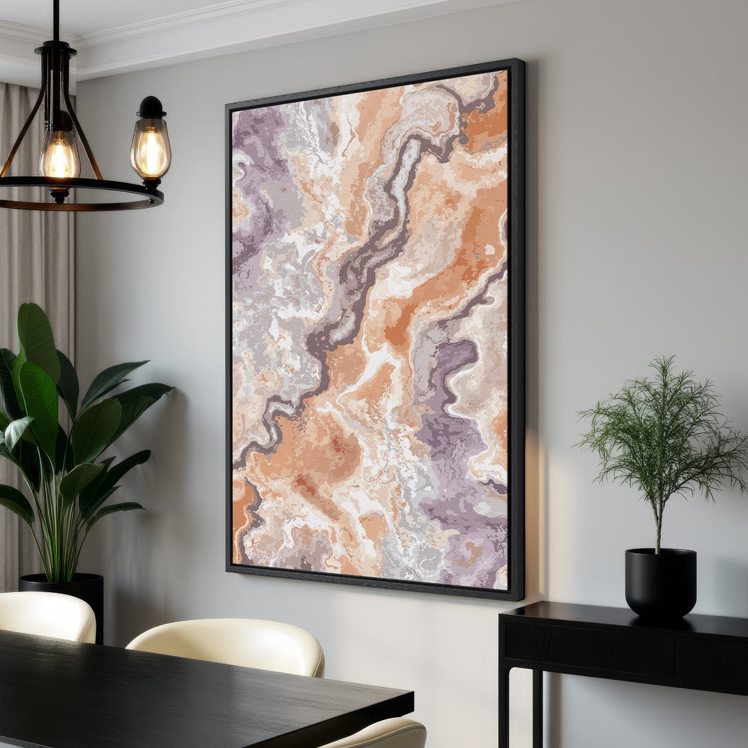 Framed Wall Art: Abstract canvas print in warm tones. Modern art with a marble-like design, featuring orange, purple, and gray hues. Perfect for home decor.