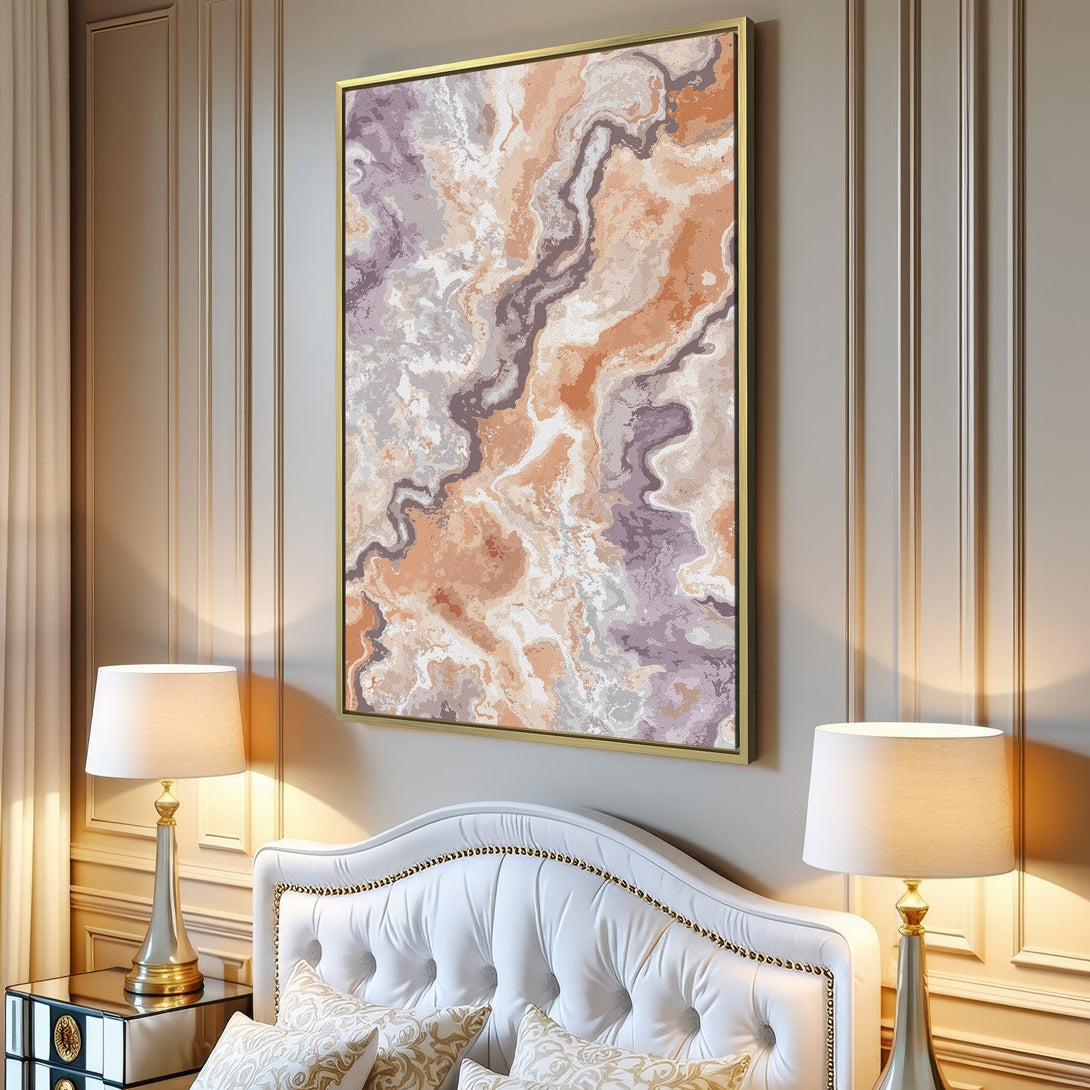 Abstract Canvas Print in warm tones of orange, purple, and gray. Modern art for living room decor.