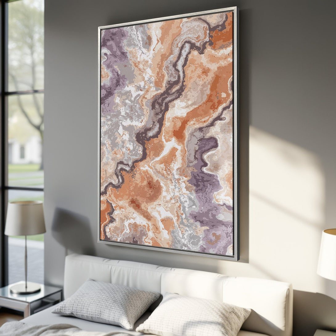 Framed Wall Art featuring an abstract marble design in warm orange, purple, and gray tones. Perfect for adding a touch of modern art to your bedroom.